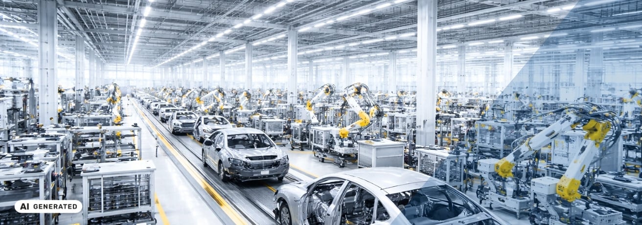 Automobilproduktion in einer großen Werkhalle mit Fahrzeugkarosserien auf dem Fließband und Industrierobotern – KI-generiertes Symbolbild für Interim Management in der Automobilindustrie