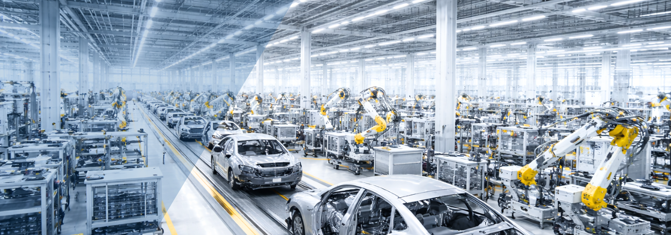 Moderne Produktionshalle der Automobilindustrie mit mehreren lackierten Stoßfängern und Karosserieteilen, die auf Gestellen entlang einer Fertigungslinie montiert sind.