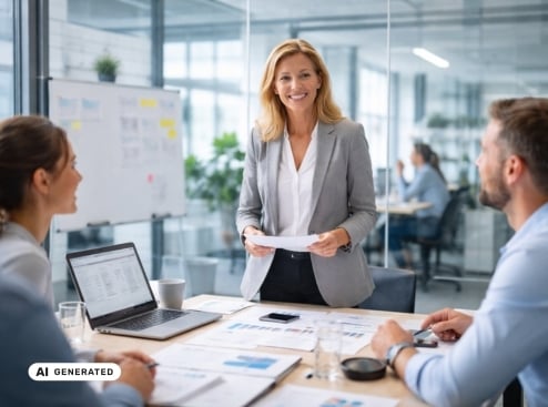Geschäftsfrau steht an einem Besprechungstisch mit Laptops, Unterlagen und Diagrammen, zwei Kolleg:innen sitzen am Tisch und hören zu, im Hintergrund ein modernes Büro – KI-generiertes Symbolbild für Interim Manager in HR-Projekten