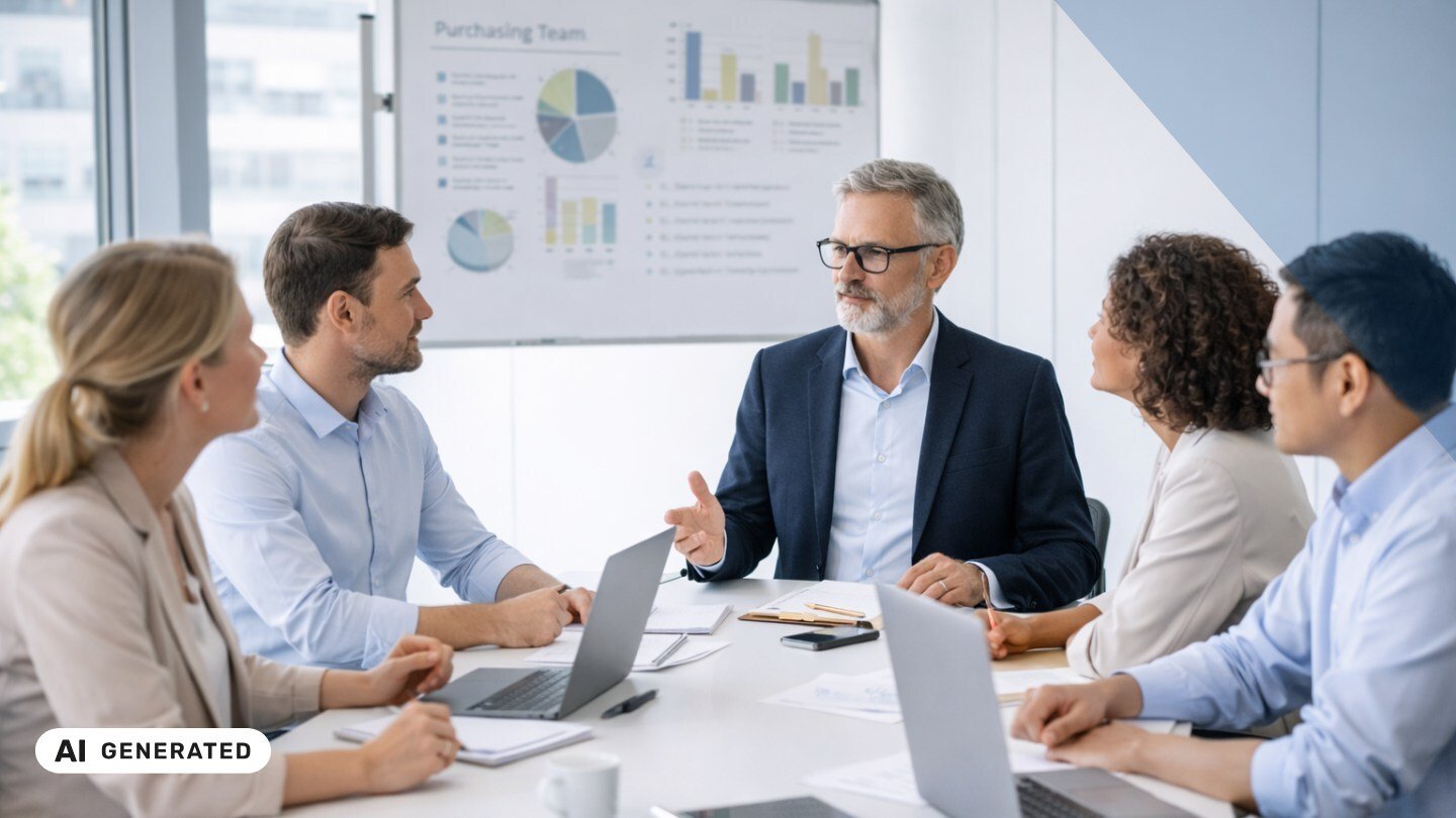 Fünf Personen in Businesskleidung sitzen mit Laptops an einem Konferenztisch, im Hintergrund ein Bildschirm mit Diagrammen und der Überschrift ‚Purchasing Team‘ – KI-generiertes Symbolbild für Interim Management im Einkauf