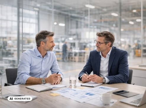 Zwei Manager sitzen an einem Besprechungstisch mit Ausdrucken und Laptop, hinter Glas ist eine moderne Büro- oder Produktionsfläche zu sehen – KI-generiertes Symbolbild für strategische Interim-Projekte im Bereich Restrukturierung