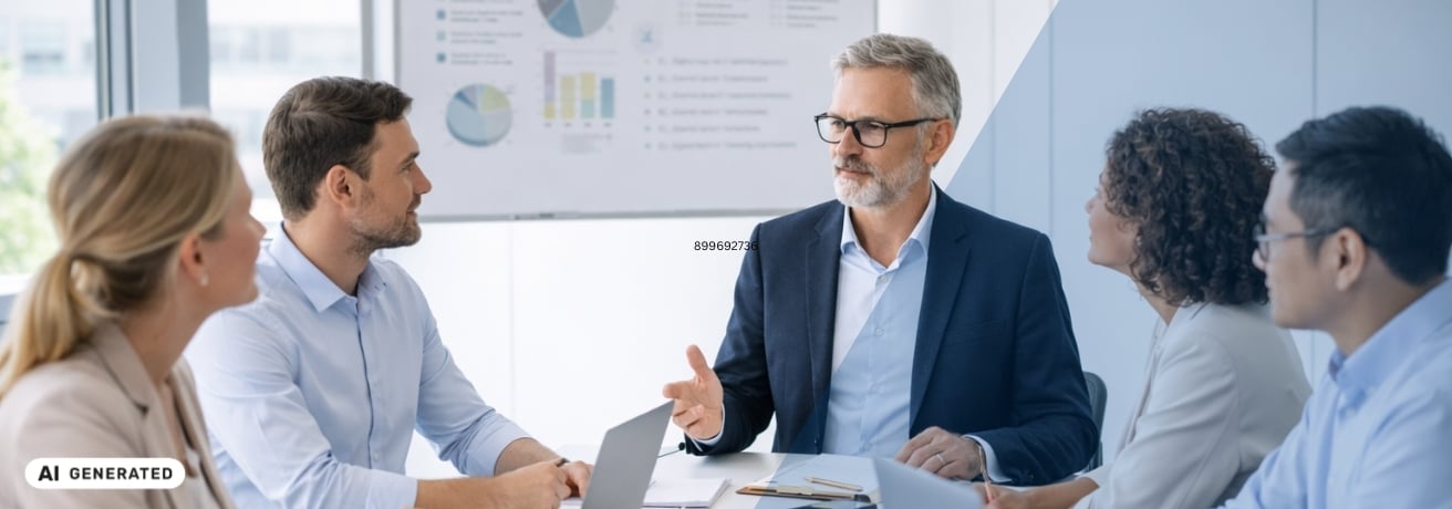 Mehrere Personen sitzen mit Laptops an einem Besprechungstisch, ein Mann im Anzug erklärt Diagramme auf einer Präsentationsfolie im Hintergrund – KI-generiertes Symbolbild Interim Management für Einkauf in der Lebensmittelindustrie