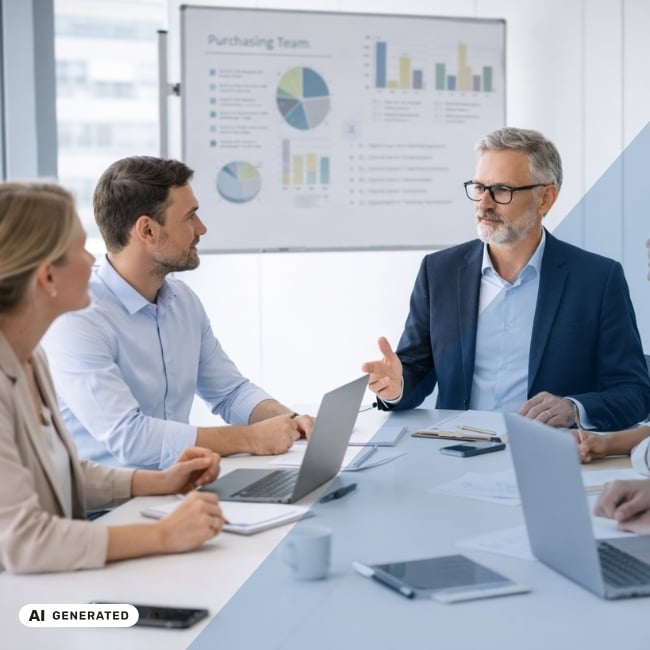 Mehrere Personen sitzen mit Laptops an einem Besprechungstisch, ein Mann im Anzug erklärt Diagramme auf einer Präsentationsfolie im Hintergrund – KI-generiertes Symbolbild Interim Management für Einkauf in der Lebensmittelindustrie