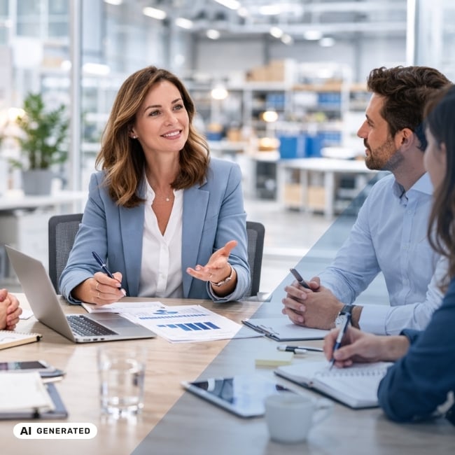 Frau in Businesskleidung leitet eine Besprechung an einem Tisch mit Unterlagen und Laptop, im Hintergrund ein modernes Büro mit Regalen – KI-generiertes Symbolbild Interim Management für Einkauf in der Pharmabranche