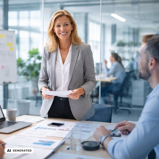 Geschäftsfrau steht an einem Besprechungstisch mit Laptops, Unterlagen und Diagrammen, zwei Kolleg:innen sitzen am Tisch und hören zu, im Hintergrund ein modernes Büro – KI-generiertes Symbolbild für Interim Manager in HR-Projekten