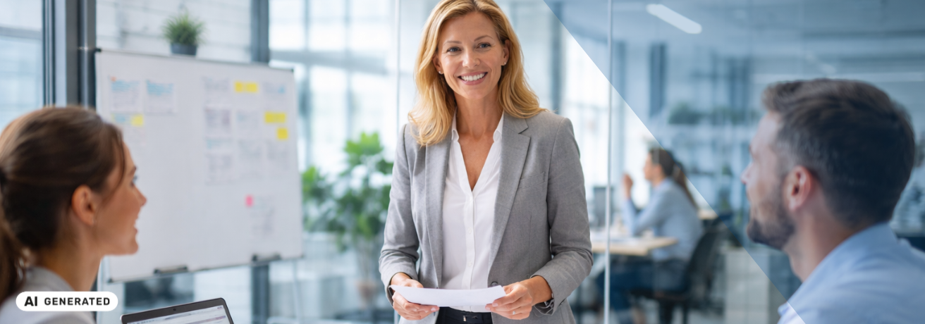 Geschäftsfrau steht an einem Besprechungstisch mit Laptops, Unterlagen und Diagrammen, zwei Kolleg:innen sitzen am Tisch und hören zu, im Hintergrund ein modernes Büro – KI-generiertes Symbolbild für Interim Manager in HR-Projekten
