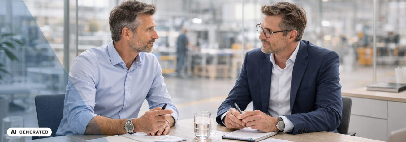 Zwei Manager sitzen an einem Besprechungstisch mit Ausdrucken und Laptop, hinter Glas ist eine moderne Büro- oder Produktionsfläche zu sehen – KI-generiertes Symbolbild für strategische Interim-Projekte im Bereich Restrukturierung