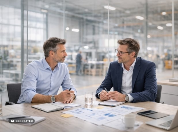 Zwei Manager sitzen an einem Besprechungstisch mit Ausdrucken und Laptop, hinter Glas ist eine moderne Büro- oder Produktionsfläche zu sehen – KI-generiertes Symbolbild für strategische Interim-Projekte im Bereich Restrukturierung