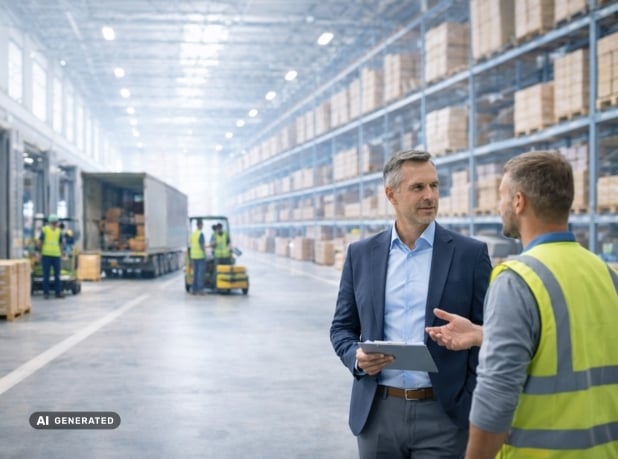 Zwei Männer im Gespräch in einem großen Hochregallager, im Hintergrund Mitarbeitende mit Gabelstaplern und ein Lkw beim Be- und Entladen – KI-generiertes Symbolbild für Interim Management in der Logistik