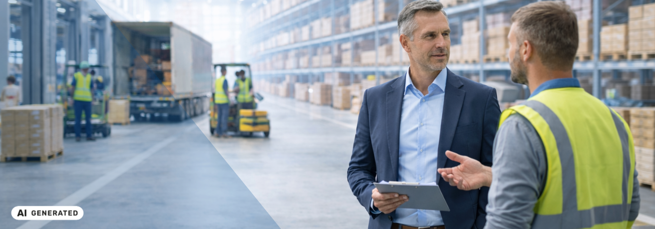 Zwei Männer im Gespräch in einem großen Hochregallager, im Hintergrund Mitarbeitende mit Gabelstaplern und ein Lkw beim Be- und Entladen – KI-generiertes Symbolbild für Interim Management in der Logistik