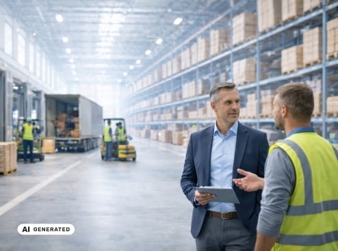 Zwei Männer im Gespräch in einem großen Hochregallager, im Hintergrund Mitarbeitende mit Gabelstaplern und ein Lkw beim Be- und Entladen – KI-generiertes Symbolbild für Interim Management in der Logistik