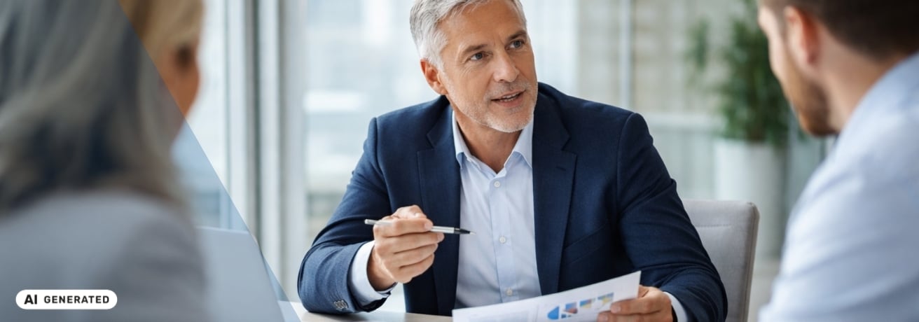 Mann im Businessanzug sitzt mit mehreren Personen an einem Besprechungstisch und erklärt Unterlagen mit Diagrammen – KI-generiertes Symbolbild Interim Management für Private Equity