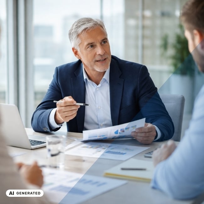 Mann im Businessanzug sitzt mit mehreren Personen an einem Besprechungstisch und erklärt Unterlagen mit Diagrammen – KI-generiertes Symbolbild Interim Management für Private Equity