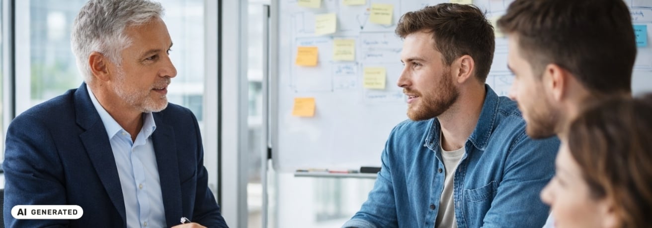 Älterer Mann im Businessanzug bespricht mit jüngeren Personen an einem Tisch Unterlagen vor einer Glaswand mit Haftnotizen – KI-generiertes Symbolbild Interim Management für Start-ups