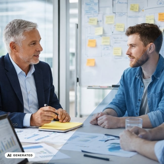 Älterer Mann im Businessanzug bespricht mit jüngeren Personen an einem Tisch Unterlagen vor einer Glaswand mit Haftnotizen – KI-generiertes Symbolbild Interim Management für Start-up