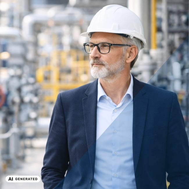 Mann im Businessanzug mit Schutzhelm steht in einer Produktionsanlage mit Rohren und Metallkonstruktionen – KI-generiertes Symbolbild Interim Management für Transformation in Chemieunternehmen