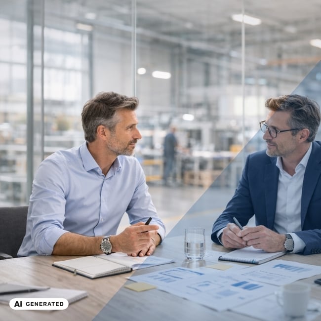 Zwei Manager sitzen an einem Besprechungstisch mit Ausdrucken und Laptop, hinter Glas ist eine moderne Büro- oder Produktionsfläche zu sehen – KI-generiertes Symbolbild für strategische Interim-Projekte im Bereich Restrukturierung