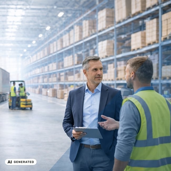 Zwei Männer im Gespräch in einem großen Hochregallager, im Hintergrund Mitarbeitende mit Gabelstaplern und ein Lkw beim Be- und Entladen – KI-generiertes Symbolbild für Interim Management in der Logistik