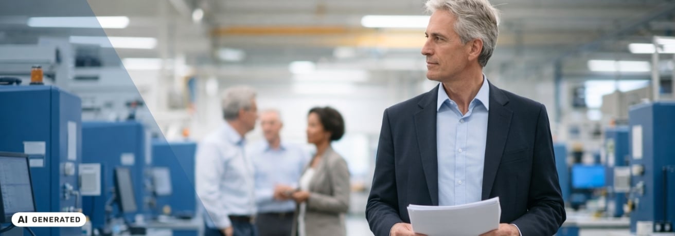 Älterer Mann im Businessanzug mit Unterlagen in der Hand geht durch eine Produktionshalle, im Hintergrund sprechen mehrere Personen miteinander – KI-generiertes Symbolbild Interim Management für Restrukturierung von Produktionsstandorten