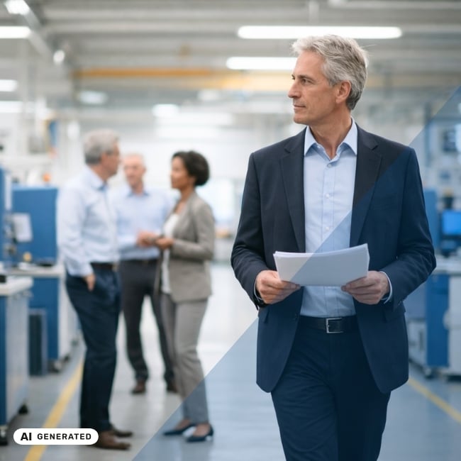 Älterer Mann im Businessanzug mit Unterlagen in der Hand geht durch eine Produktionshalle, im Hintergrund sprechen mehrere Personen miteinander – KI-generiertes Symbolbild Interim Management für Restrukturierung von Produktionsstandorten
