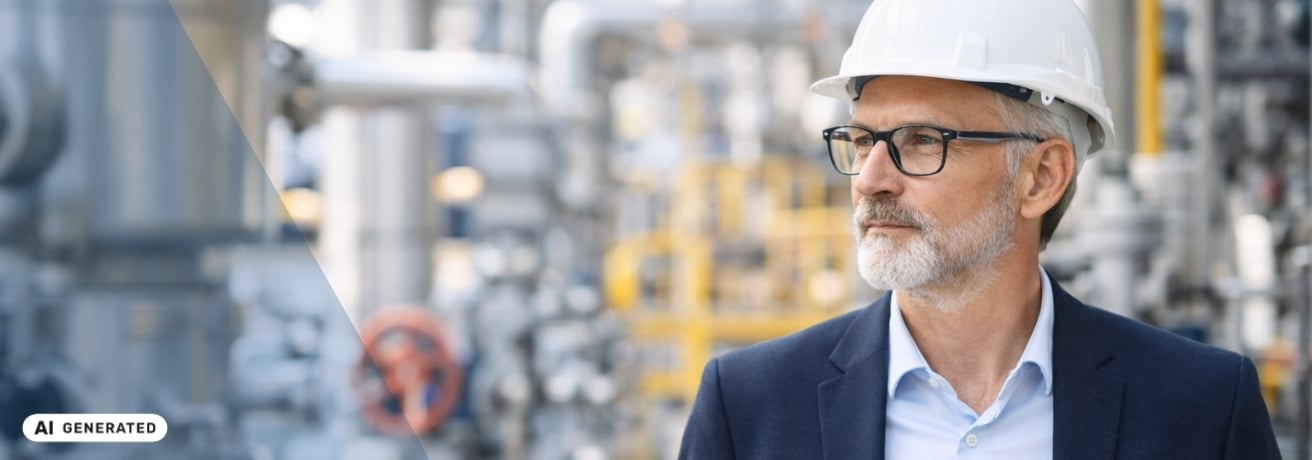 Mann im Businessanzug mit Schutzhelm steht in einer Produktionsanlage mit Rohren und Metallkonstruktionen – KI-generiertes Symbolbild Interim Management für Transformation in Chemieunternehmen