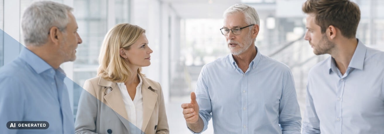 Vier Personen in Businesskleidung stehen in einem hellen Gang und sprechen miteinander, zwei Männer und eine Frau sind einander zugewandt – KI-generiertes Symbolbild Interim Management für Change Management