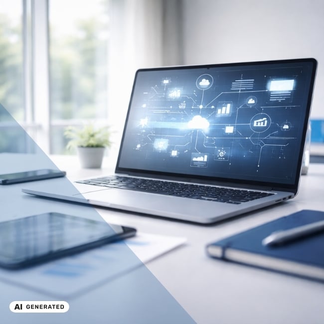 Geöffneter Laptop auf einem Schreibtisch in einem hellen Büro, auf dem Bildschirm ist eine vernetzte Cloud-Grafik mit Daten- und Analyse-Icons zu sehen, daneben liegen Tablet, Smartphone und ein Notizbuch – KI-generiertes Symbolbild Interim Management für digitale Transformation Geöffneter Laptop auf einem Schreibtisch in einem hellen Büro, auf dem Bildschirm ist eine vernetzte Cloud-Grafik mit Daten- und Analyse-Icons zu sehen, daneben liegen Tablet, Smartphone und ein Notizbuch – KI-generiertes Symbolbild Interim Management für digitale Transformation