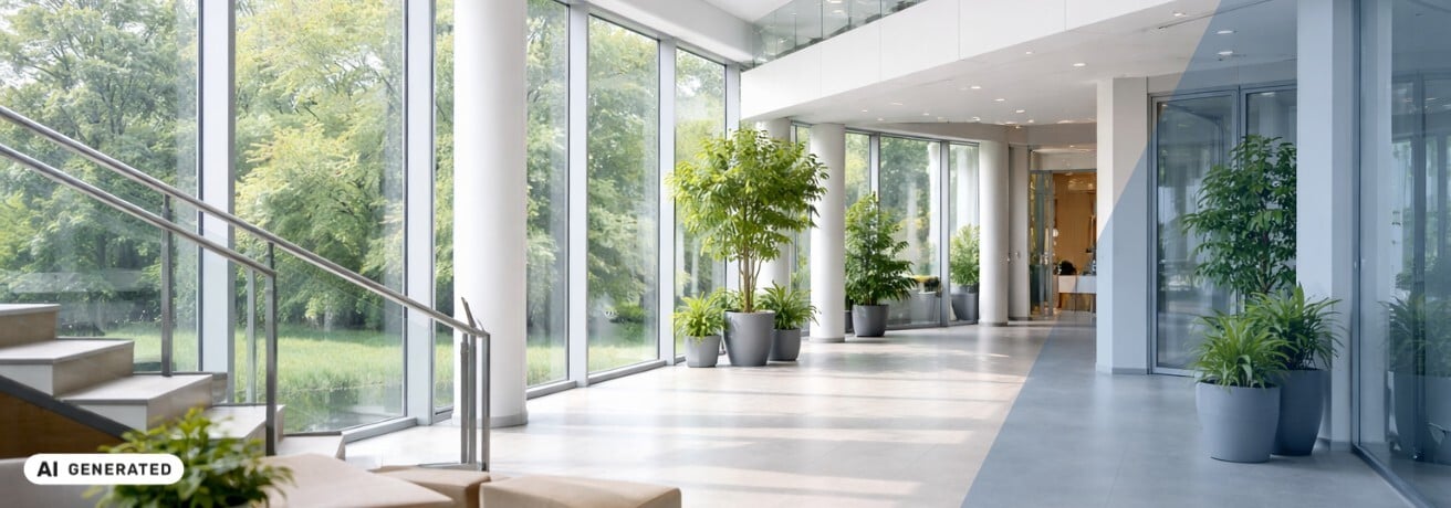 Helle Büro-Lobby mit großen Fenstern und mehreren grünen Pflanzen in Kübeln – KI-generiertes Symbolbild Interim Management für ESG