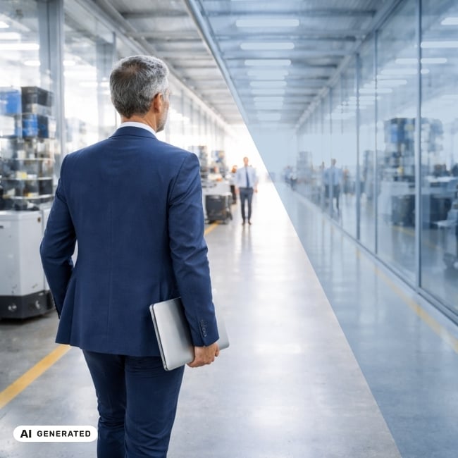 Mann in blauem Businessanzug mit Laptop in der Hand geht durch eine moderne Produktionshalle – KI-generiertes Symbolbild für Foresight und Interim Management