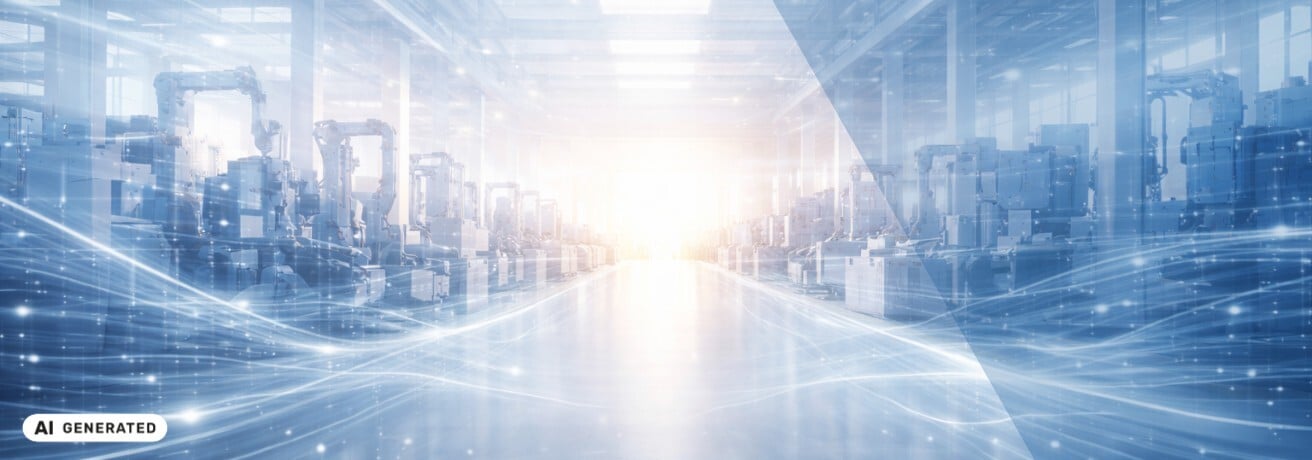 Futuristische lichtdurchflutete Fabrikhalle mit Reihen von Maschinen und abstrakten Lichtspuren im Vordergrund – KI-generiertes Symbolbild für Foresight und Interim Managemen