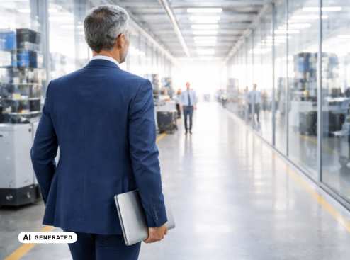 Mann im Anzug mit Laptopmappe in der Hand geht durch eine helle Produktions- oder Lagerhalle, im Hintergrund arbeiten mehrere Personen an Maschinen – KI-generiertes Symbolbild für Foresight und Interim Management