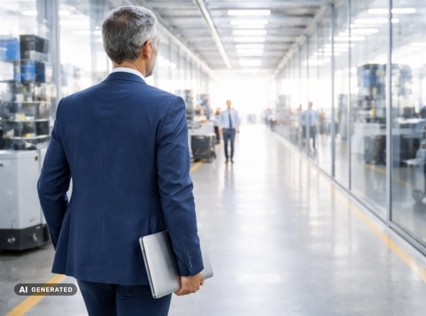 Mann im Anzug mit Laptopmappe in der Hand geht durch eine helle Produktions- oder Lagerhalle, im Hintergrund arbeiten mehrere Personen an Maschinen – KI-generiertes Symbolbild für Foresight und Interim Management