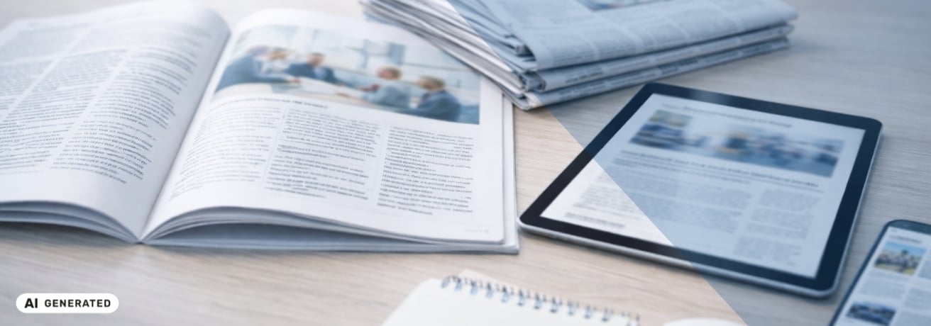 Aufgeschlagenes Magazin, Zeitungsstapel, Tablet und Smartphone mit unscharfen Artikeln auf einem Holztisch – KI-generiertes Symbolbild für Heuse Interim in den Medien