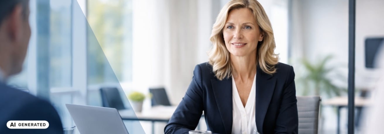 Frau mit schulterlangen blonden Haaren in dunklem Blazer sitzt an einem Konferenztisch und schaut ihr Gegenüber an, im Vordergrund unscharf eine Person und ein Laptop – KI-generiertes Symbolbild Interim Management für CEO-Funktionen