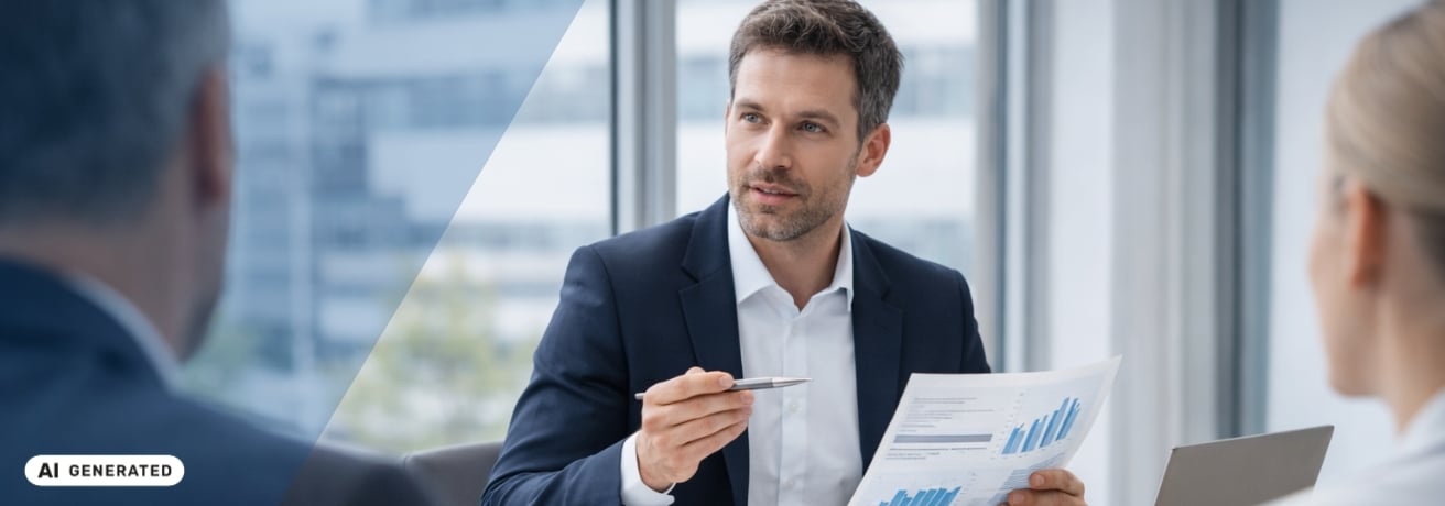Mann im dunklen Anzug sitzt an einem Konferenztisch, hält einen Stift und ein Blatt mit Balken- und Liniendiagrammen in der Hand und spricht mit zwei Personen im Vordergrund – KI-generiertes Symbolbild Interim Management für CFO-Funktionen