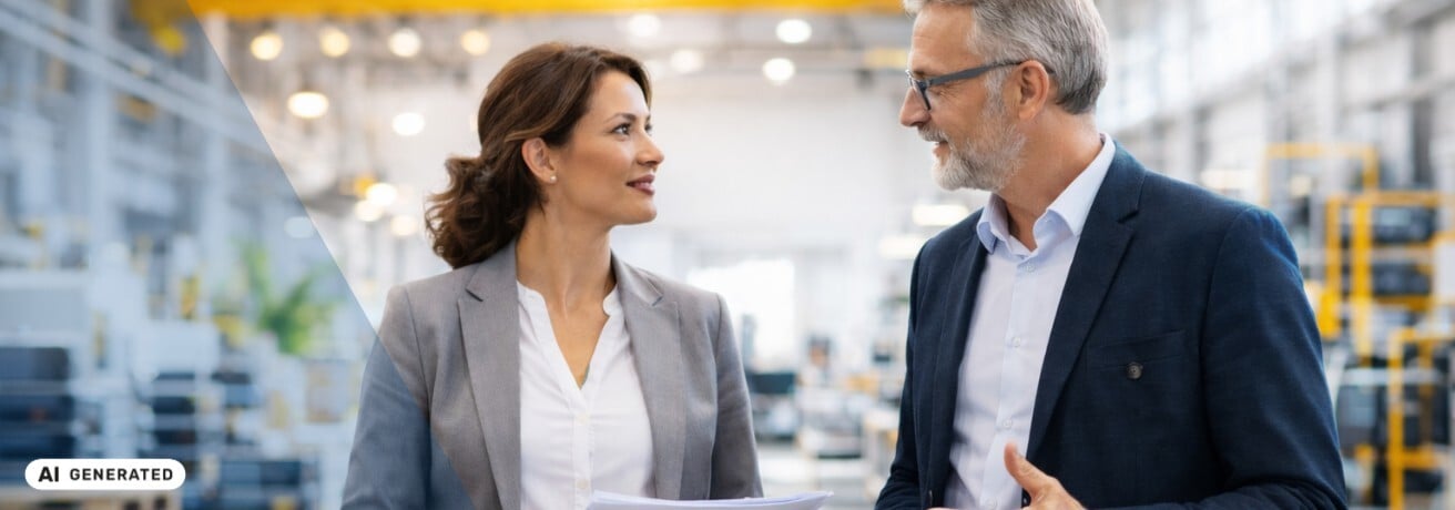 Frau in hellgrauem Blazer und weißer Bluse spricht mit einem Mann mit grauen Haaren und Brille im dunkelblauen Sakko in einer hellen Produktionshalle – KI-generiertes Symbolbild Interim Management für CLO-Funktionen