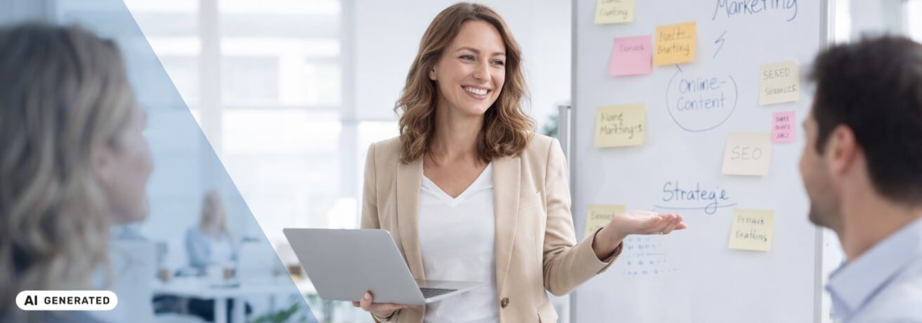 Frau in hellem Blazer steht mit aufgeklapptem Laptop vor einem Whiteboard mit Haftnotizen und den Stichwörtern Marketing, Online-Content und Strategie und spricht mit zwei Personen im Vordergrund – KI-generiertes Symbolbild Interim Management für CMO-Funktionen