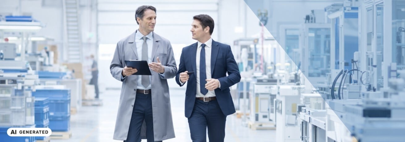 Zwei Männer in Anzug und Mantel gehen durch eine helle Produktionshalle mit Maschinen und sprechen miteinander, einer hält ein Tablet in der Hand – KI-generiertes Symbolbild Interim Management für COO-Funktionen