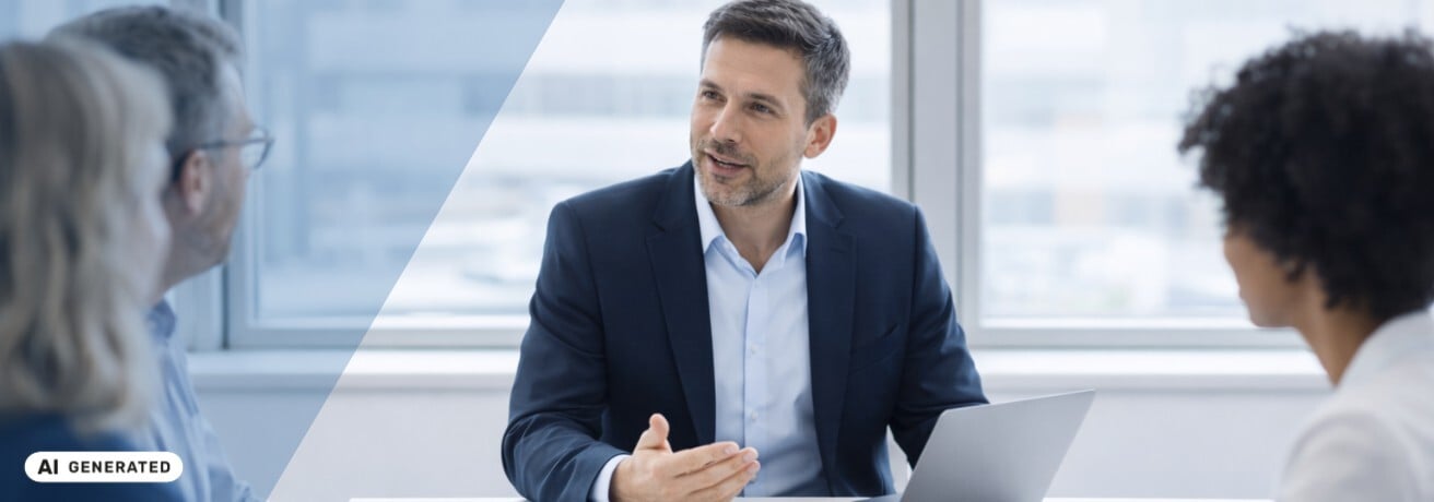 Mann im dunklen Anzug sitzt mit aufgeklapptem Laptop an einem Tisch und spricht mit zwei Personen im Vordergrund in einem hellen Besprechungsraum – KI-generiertes Symbolbild Interim Management für CPO-Funktionen