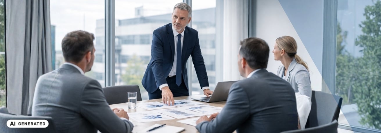 Mann mit grauen Haaren im dunklen Anzug steht an einem Konferenztisch mit ausgebreiteten Diagrammen und spricht zu drei sitzenden Personen in Businesskleidung – KI-generiertes Symbolbild Interim Management für CRO-Funktionen