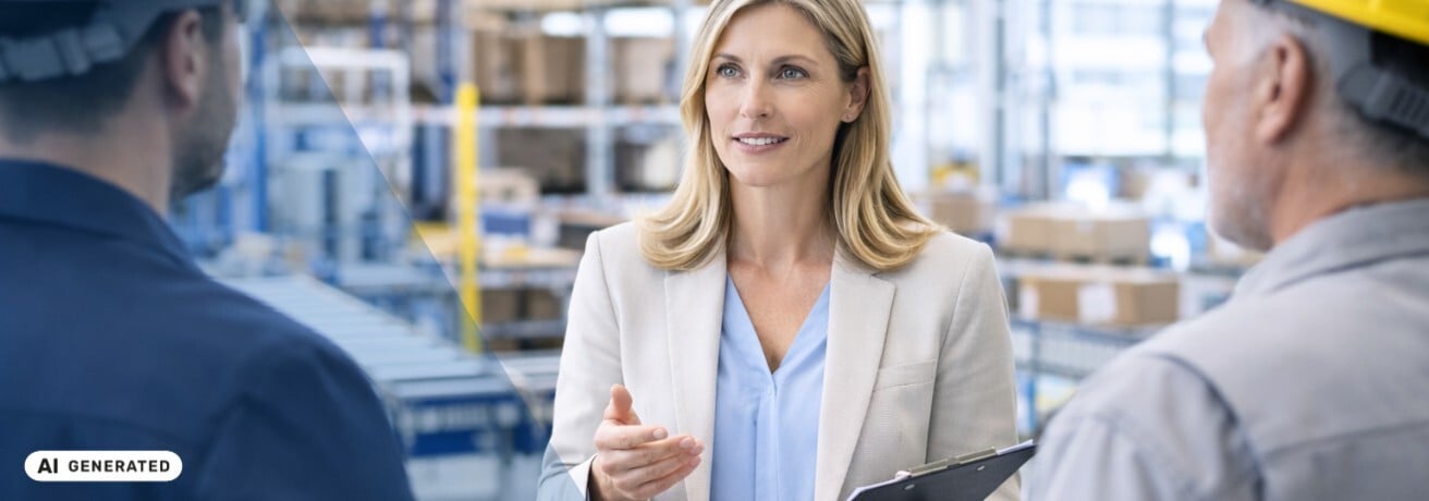 Frau in hellen Businesskleidung spricht in einer Lager- oder Produktionshalle mit zwei Mitarbeitern in Arbeitskleidung und Schutzhelmen und hält ein Klemmbrett in der Hand – KI-generiertes Symbolbild Interim Management für CSCO-Funktionen