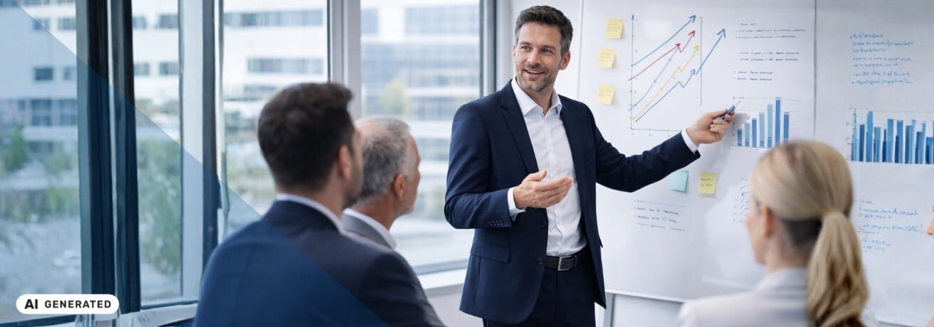 Mann im dunklen Anzug steht vor einem Whiteboard mit Diagrammen und bunten Pfeilen, hält einen Stift in der Hand und präsentiert drei sitzenden Personen seine Ausführungen – KI-generiertes Symbolbild Interim Management für CSO-Funktionen
