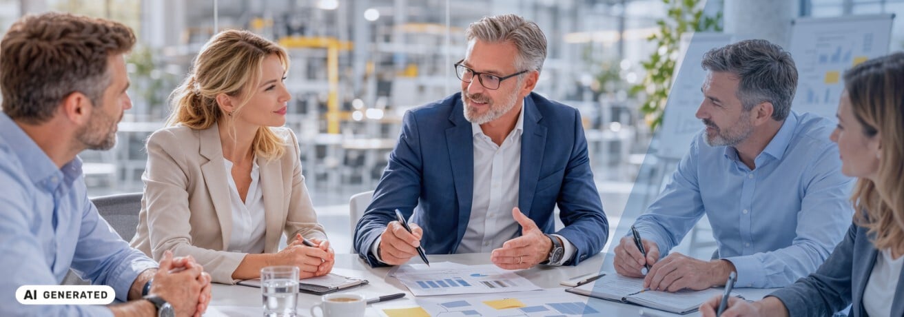 Fünf Personen in Businesskleidung sitzen an einem Konferenztisch mit Diagrammen und Notizen und führen ein Gespräch, im Hintergrund stehen Flipcharts mit Grafiken – KI-generiertes Symbolbild für Interim Management Einsatzfelder