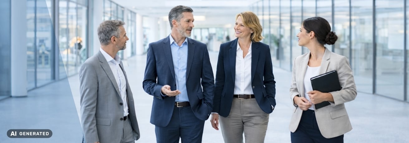 Vier Personen in Businesskleidung gehen nebeneinander durch eine helle Bürolobby und unterhalten sich – KI-generiertes Symbolbild Interim Management Funktionen