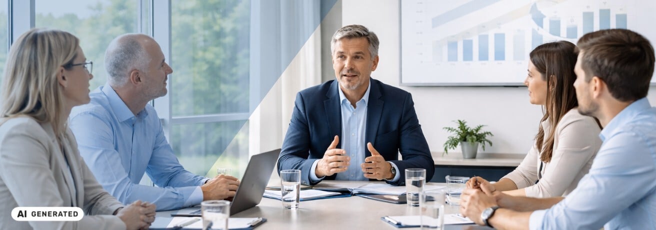 Mann in Businessanzug sitzt in einem modernen Besprechungsraum mit vier Personen an einem Konferenztisch, vor ihnen liegen Unterlagen und Wassergläser, im Hintergrund ist eine Grafik mit Balken- und Liniendiagramm zu sehen – KI-generiertes Symbolbild Interim Management für Mergers & Acquisitions