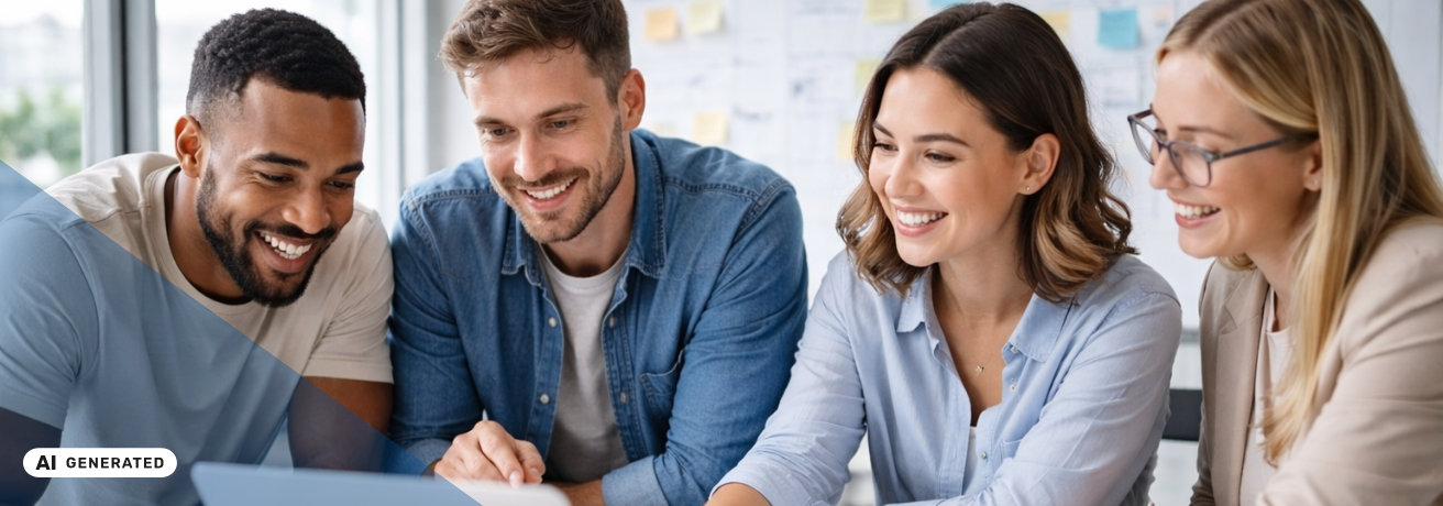 Vier junge Personen sitzen eng beieinander an einem Tisch und schauen lachend auf einen Laptopbildschirm, im Hintergrund ein helles Büro mit Notizzetteln an der Wand – KI-generiertes Symbolbild Interim Management für Start-ups