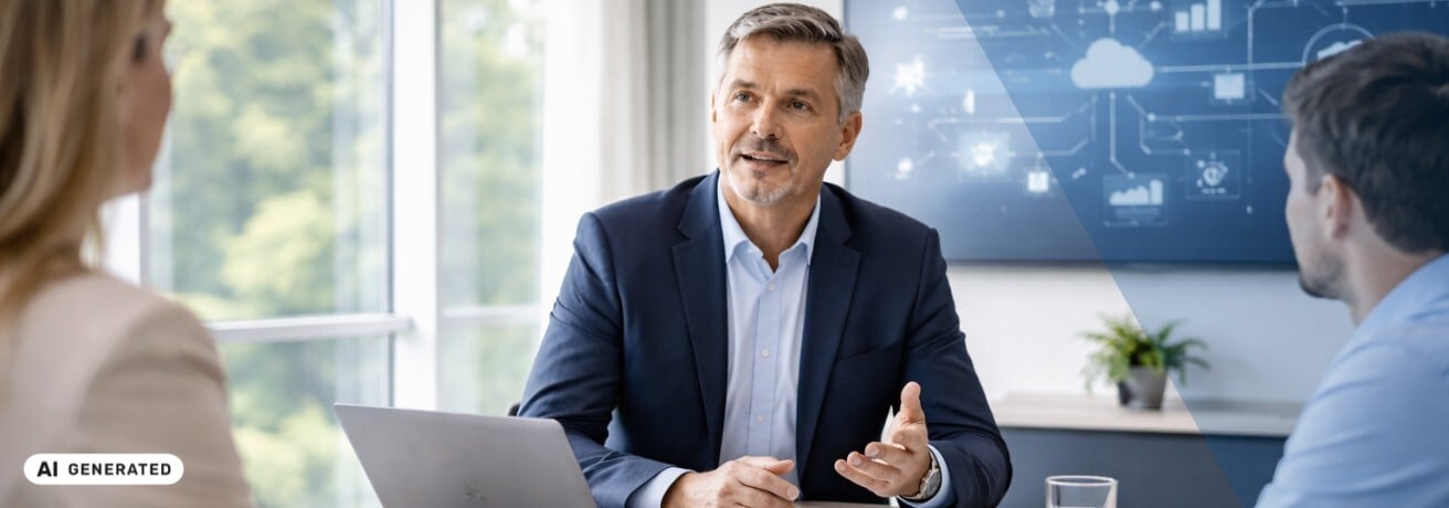 Mann im Businessanzug sitzt in einem modernen Besprechungsraum an einem Tisch, spricht mit zwei Personen und im Hintergrund ist ein großer Bildschirm mit einer leuchtenden Netzwerk- und Cloud-Grafik zu sehen – KI-generiertes Symbolbild Interim Management für digitale Transformation