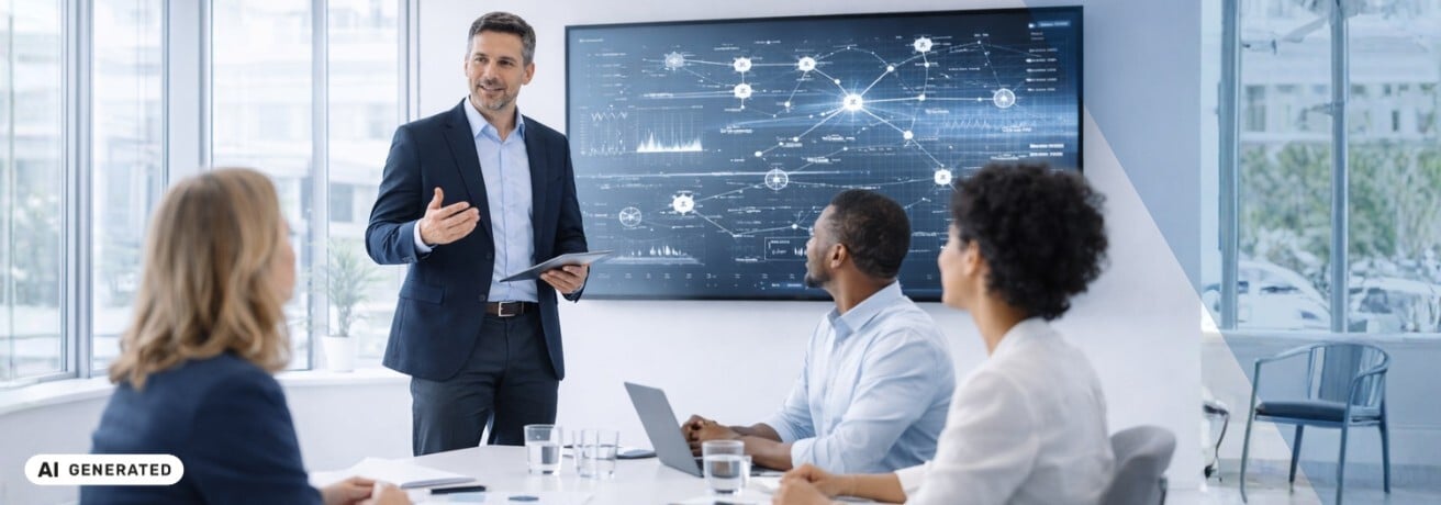Mann im dunklen Anzug steht mit Tablet in der Hand vor einem großen Bildschirm mit Datenvisualisierungen und Netzwerkdiagrammen, drei Personen sitzen am Konferenztisch und hören zu – KI-generiertes Symbolbild Interim Management für digitale Transformation