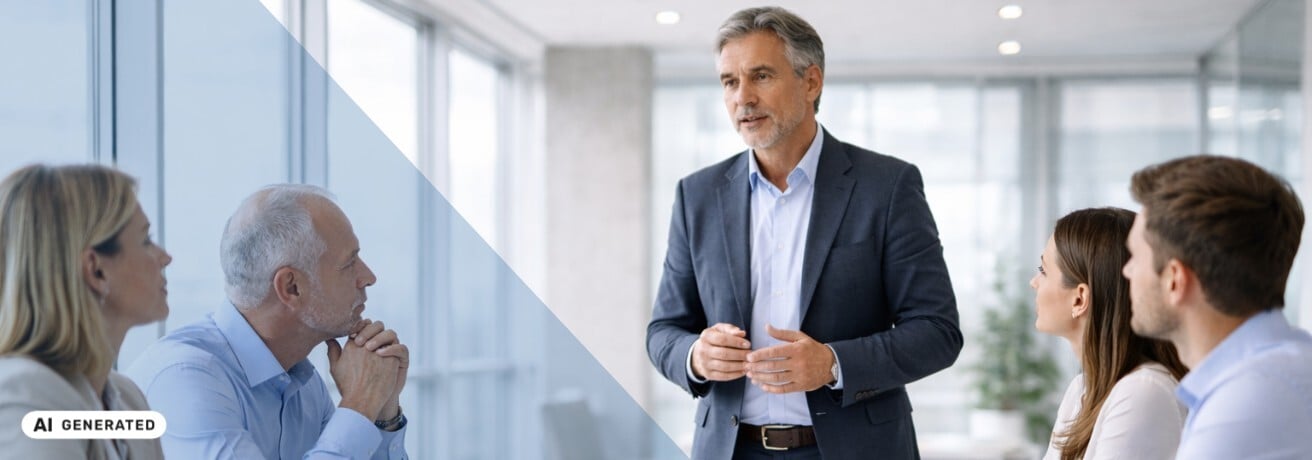Mann in Businessanzug steht in einem modernen Besprechungsraum vor vier sitzenden Personen und spricht zu ihnen, im Hintergrund große Fensterfront – KI-generiertes Symbolbild Interim Management für Krisenmanagement