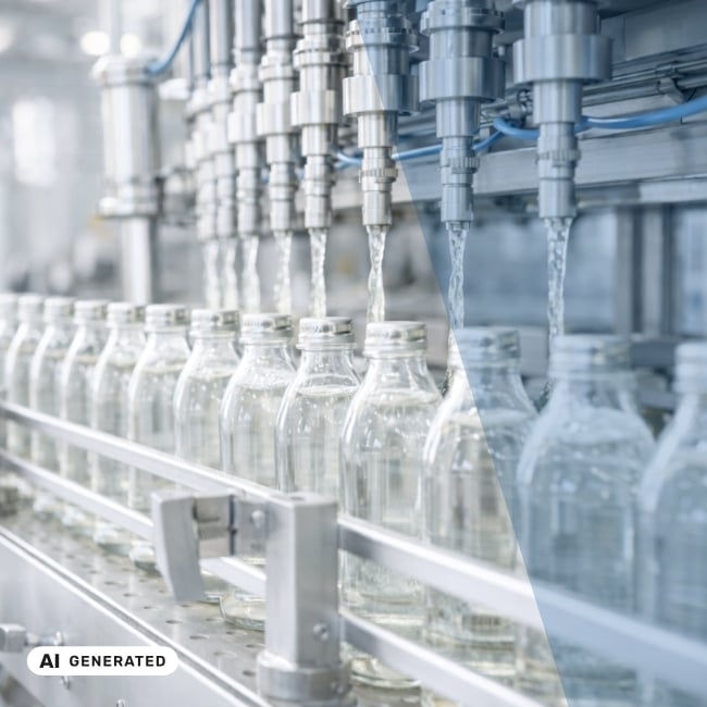 Reihen transparenter Flaschen stehen unter Füllventilen, aus denen Flüssigkeit in einer hellen Abfüllanlage einläuft – KI-generiertes Symbolbild Interim Management für Lebensmittel- und FMCG-Branche Reihen transparenter Flaschen stehen unter Füllventilen, aus denen Flüssigkeit in einer hellen Abfüllanlage einläuft – KI-generiertes Symbolbild Interim Management für Lebensmittel- und FMCG-Branche